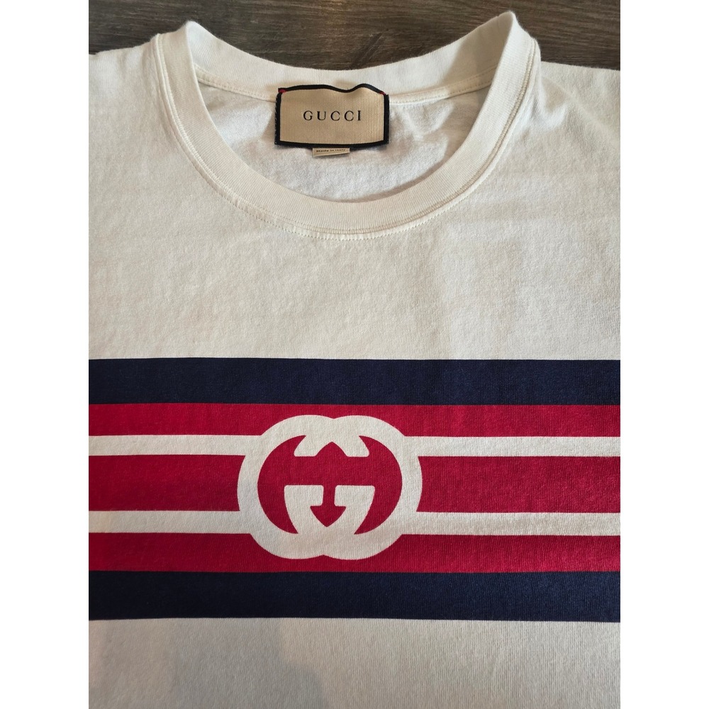 Gucci Off White Red Blue Stripe Logo T Shirt Men's sz L Made in Italy Luxury - Picture 13 of 13